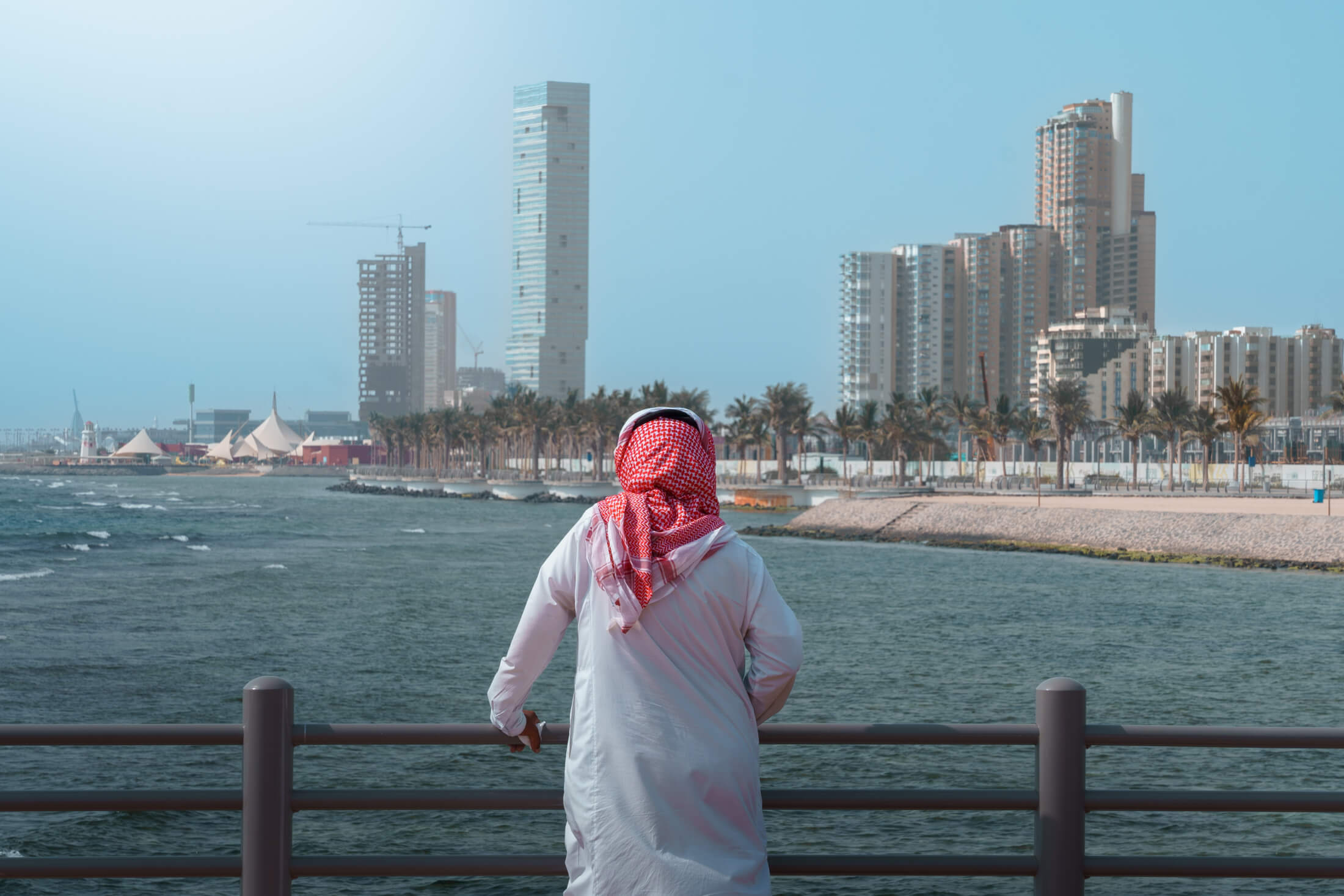 person overlooking bay and city